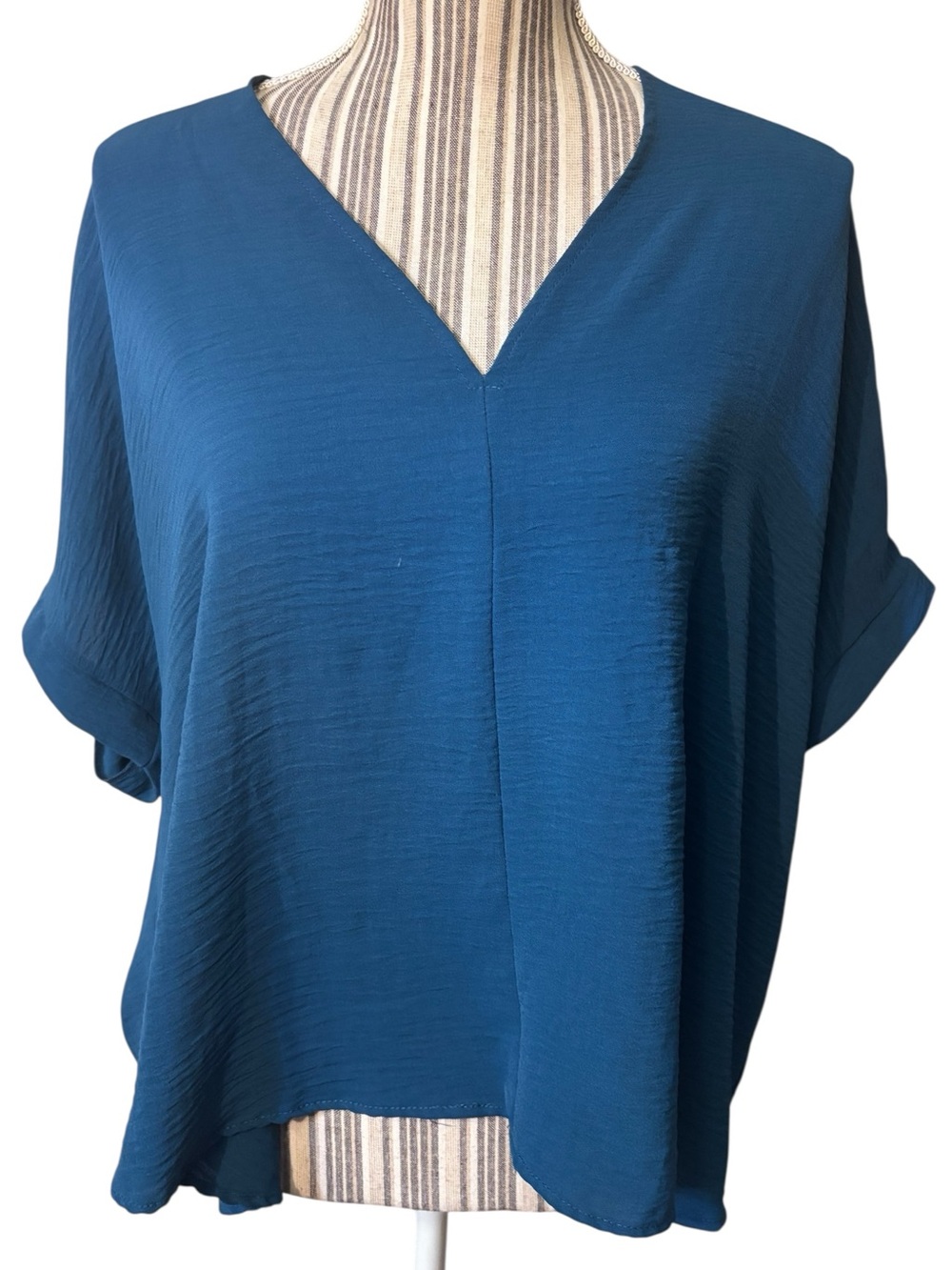 Teal Blue Blouse XL Relaxed Fit V-Neck Dolman Sleeve Top Lightweight Classic